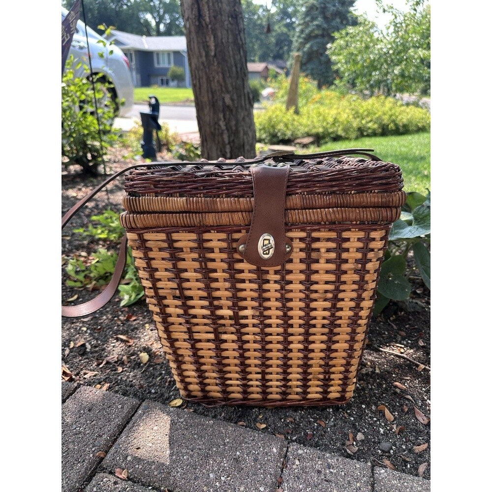 Vintage Wicker Picnic Basket Purse Green Gingham Lined Shoulder Bag Cottagecore